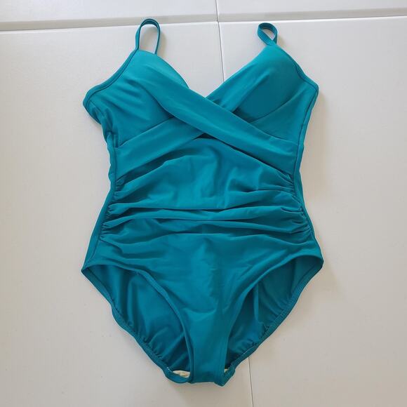 Miraclesuit Swimsuit Womens 14 Teal Captivate One Piece Ruched Tummy Control - Picture 1 of 9